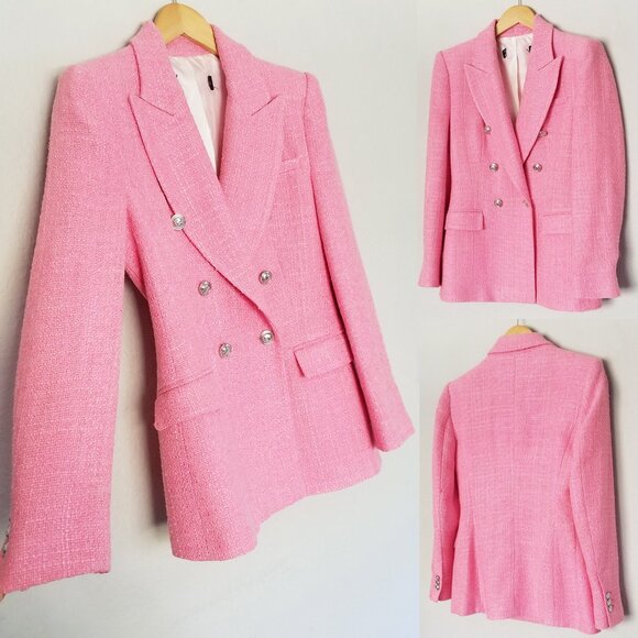 Zara Pink Tweed Textured Double Breasted Blazer Jacket Size S 7553/687 Barbie - Picture 16 of 16